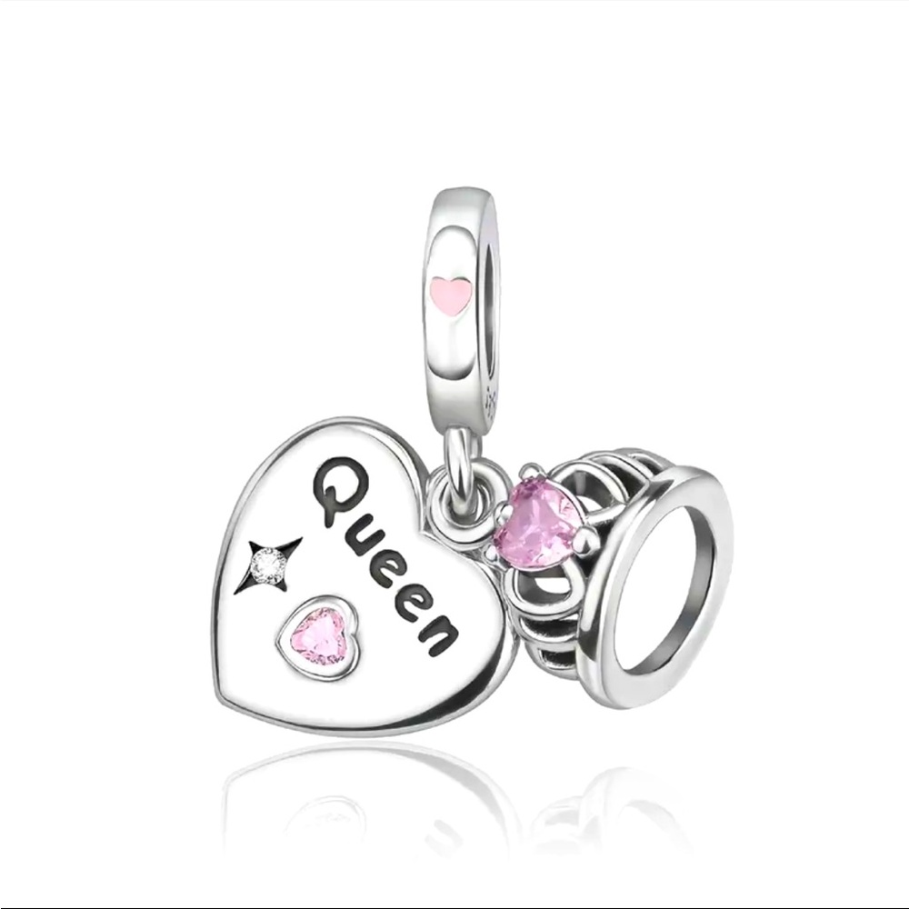 925 Sterling Silver Crown & Heart Queen Charm For Pandora Bracelets & The Like